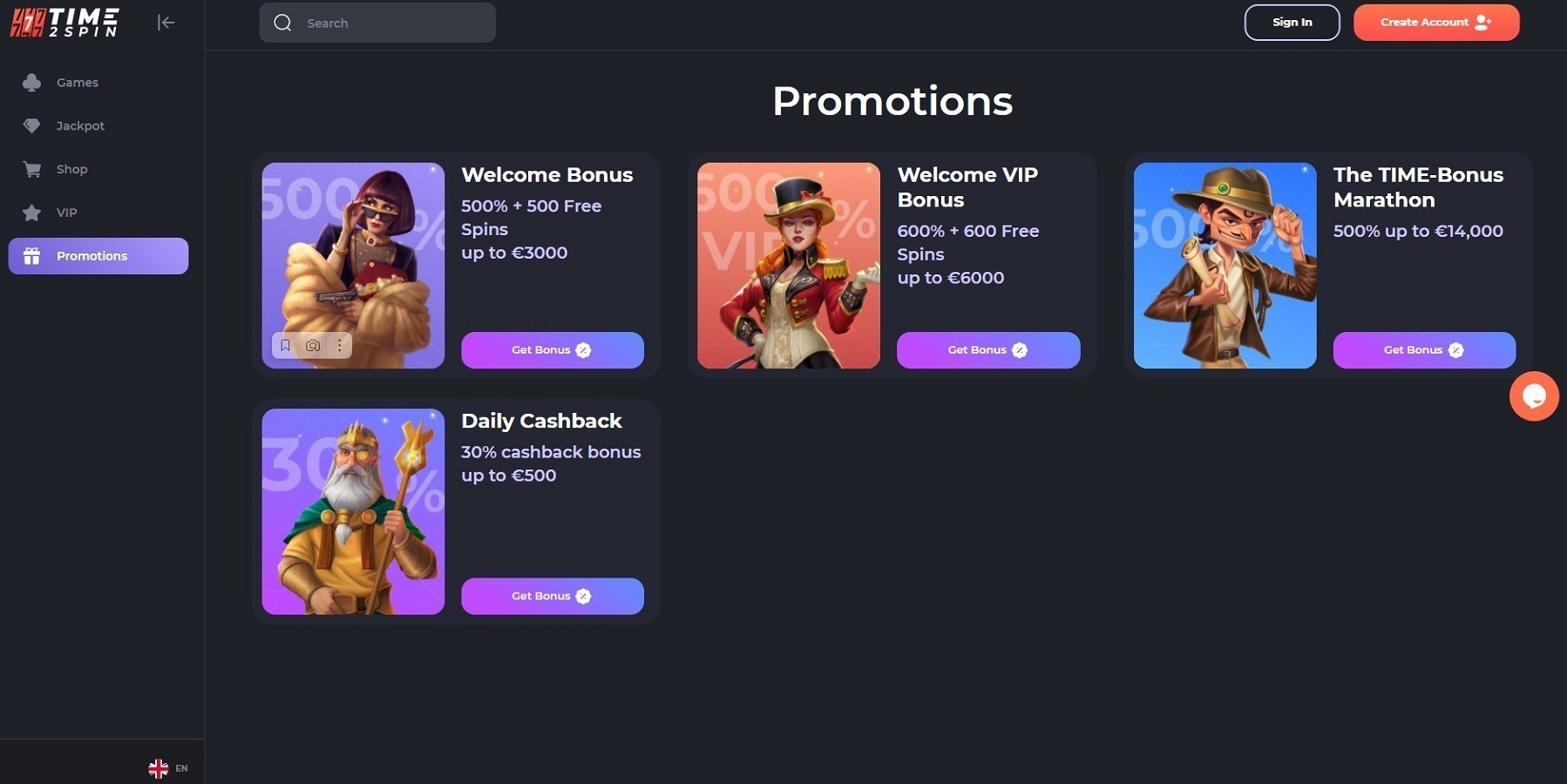 Promotions at Time2Spin Casino