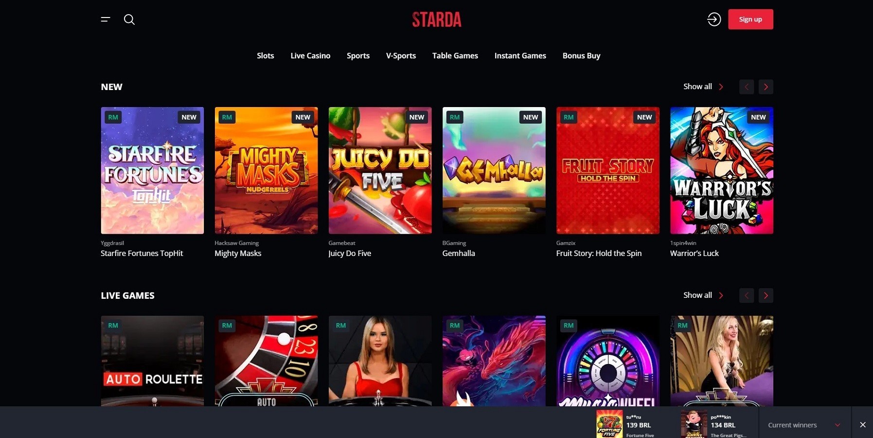 Starda Online Casino home Page