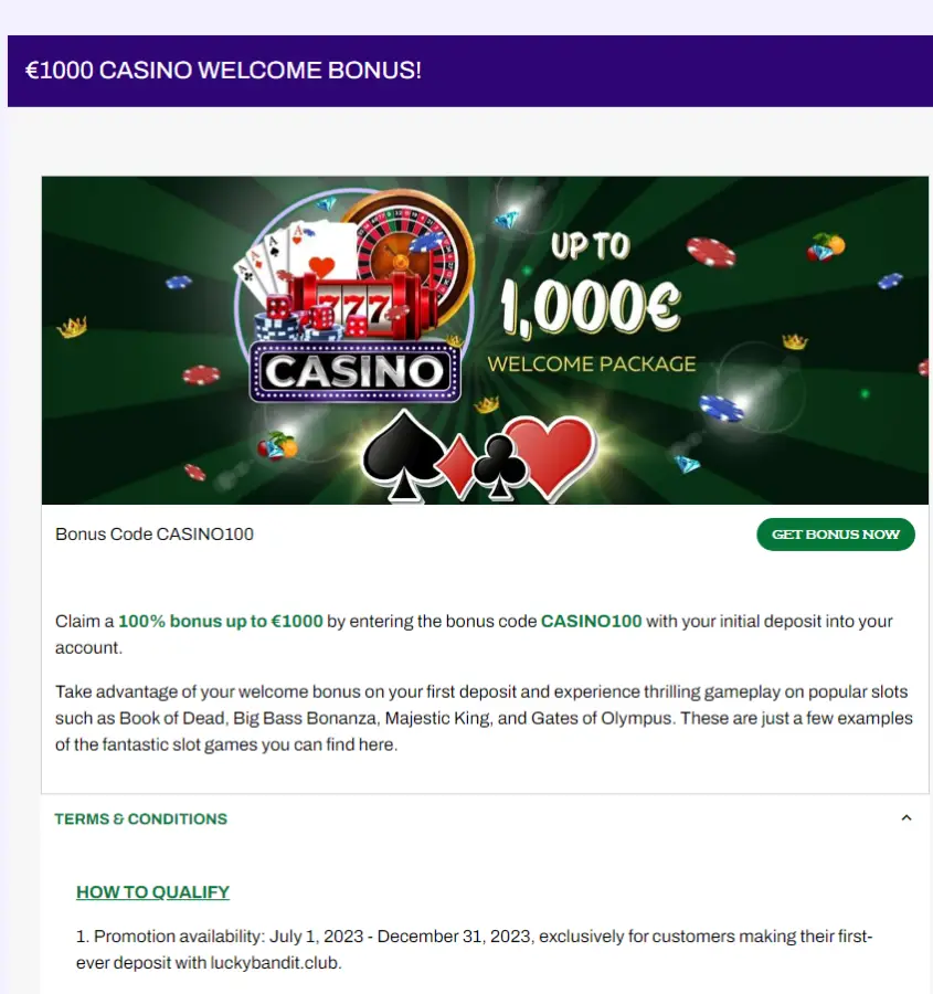 Bônus de boas-vindas no Lucky Bandit Casino