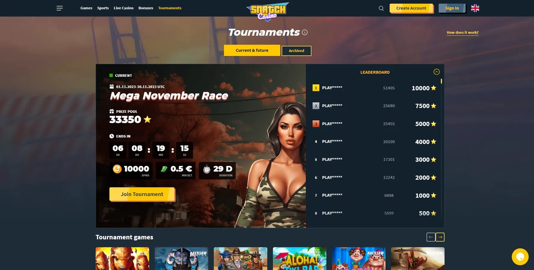 Tournaments and Races at Snatch Casino