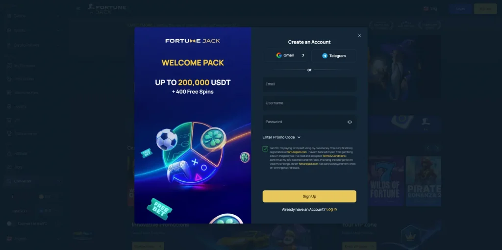 Registrierung bei FortuneJack Casino