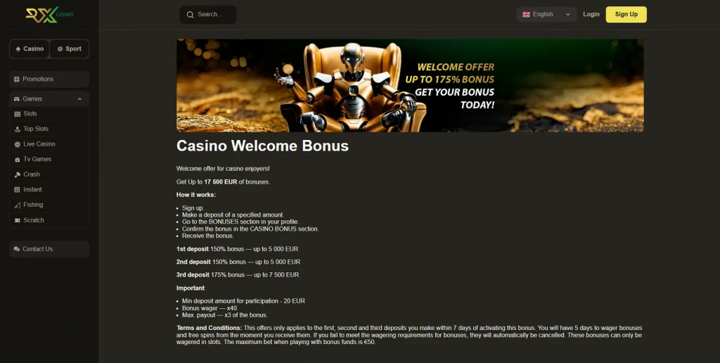 Bono de bienvenida de RX Casino