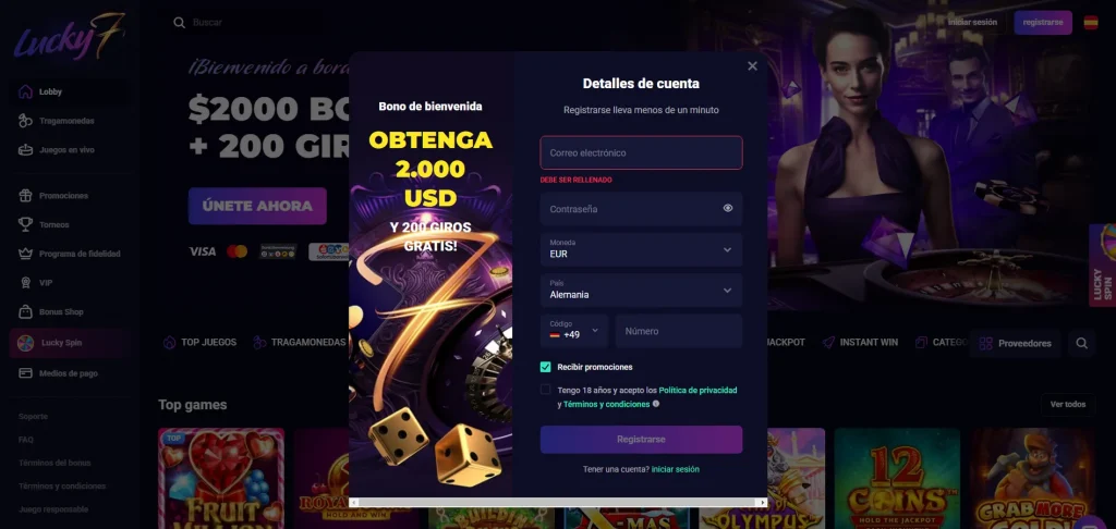 Registro en Lucky7even Casino