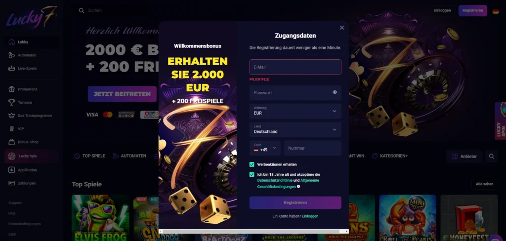 Registrieren Sie sich im Lucky7even Casino