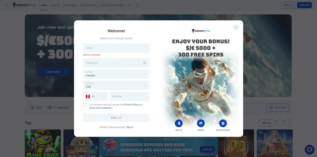 Como se registrar no RocketSpin Casino