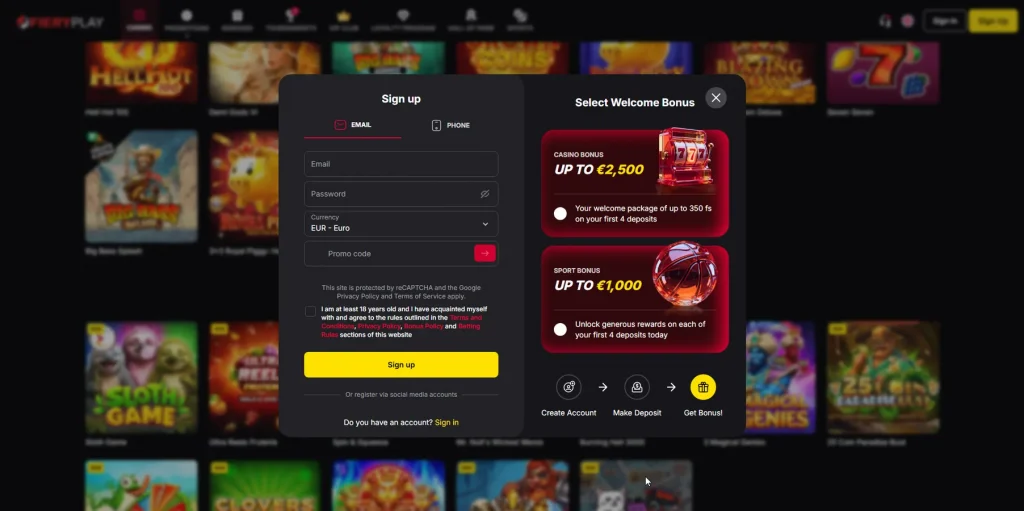 Registration at FieryPlay Casino