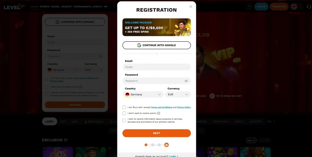 Crear tu cuenta en el casino LevelUp