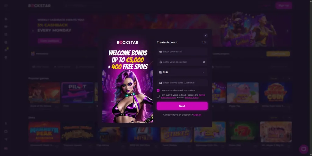 Registriere dich im Rockstar.casino