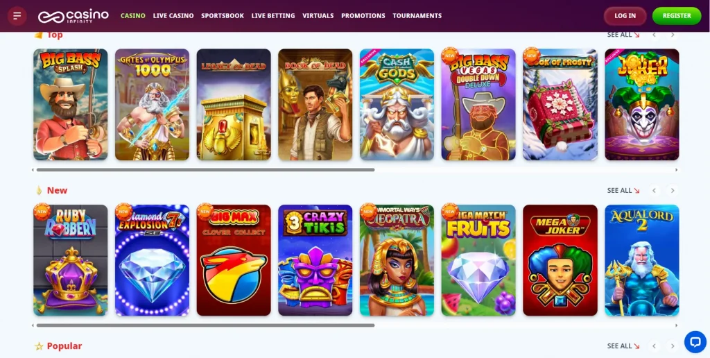 Juegos y proveedores en Infinity Casino