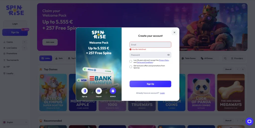 Cómo registrarse en Spinrise Casino