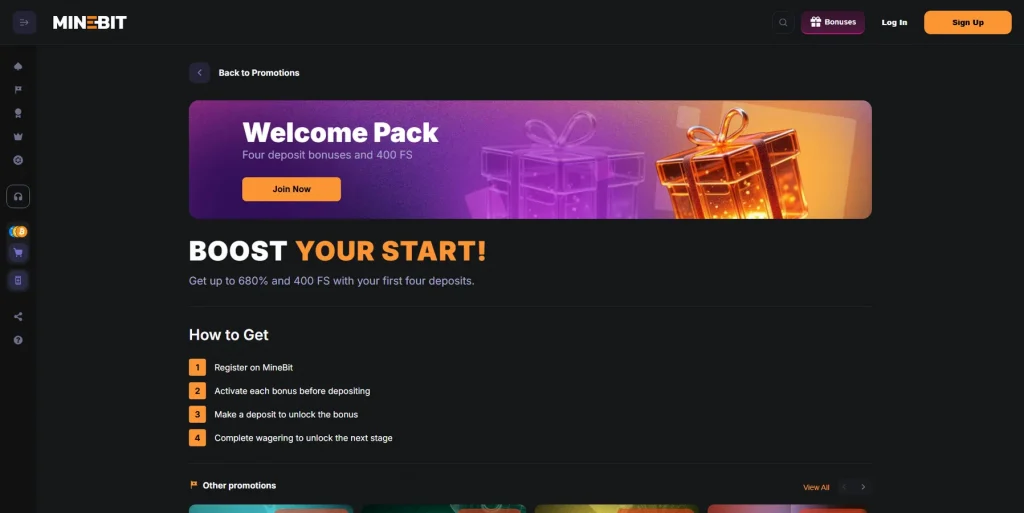 MineBit Welcome Bonus — 680% up to €8,300 + 400 Free Spins