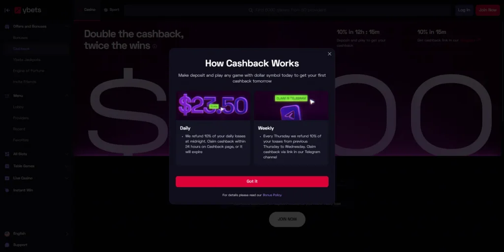 Cashback Bonus at Ybets Casino