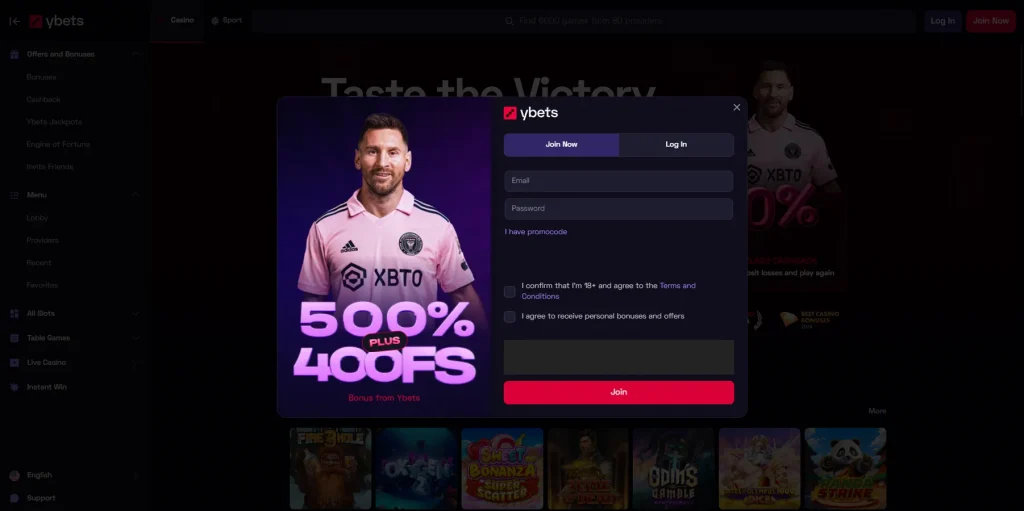 Registration at Ybets Casino