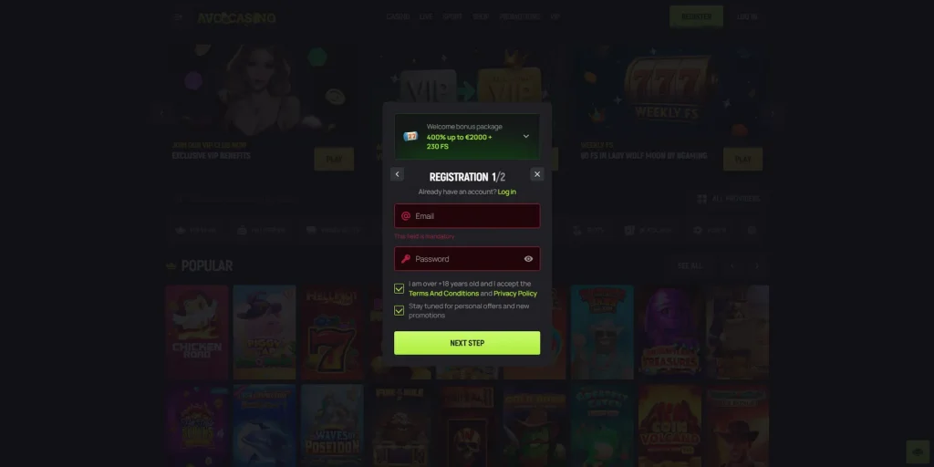Registro no Avo Casino