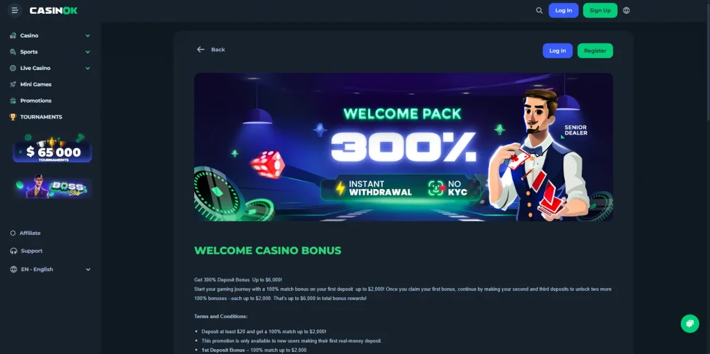 Pacote de Boas-Vindas do Cassino Online Casinok