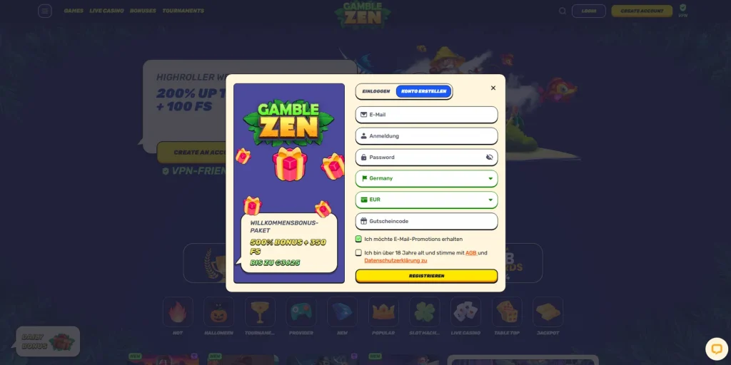 Registro no Cassino Gamblezen