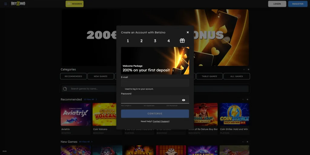 Registration at Betzino Casino