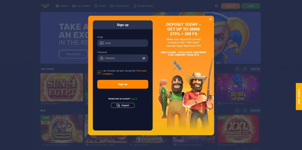 Registrierung bei Bass Win Casino