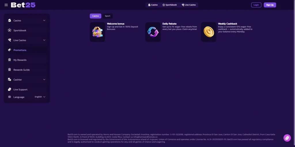 Promoções e bônus no Bet25 Casino