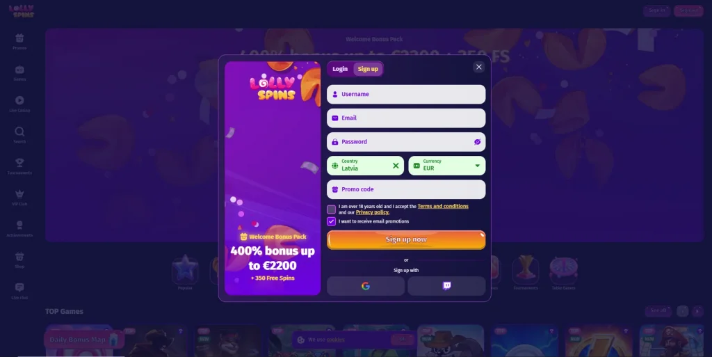 Registration at LollySpins Casino