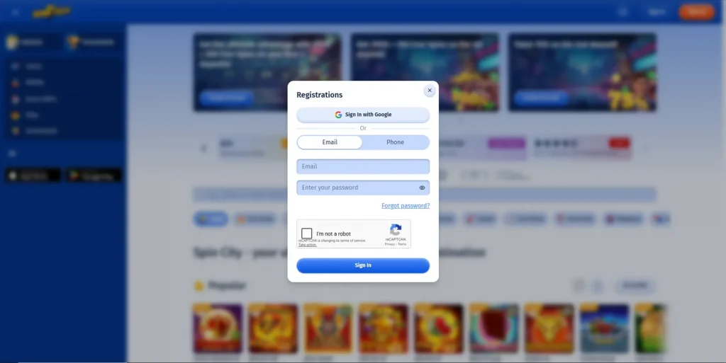 Registration at Spin City Casino