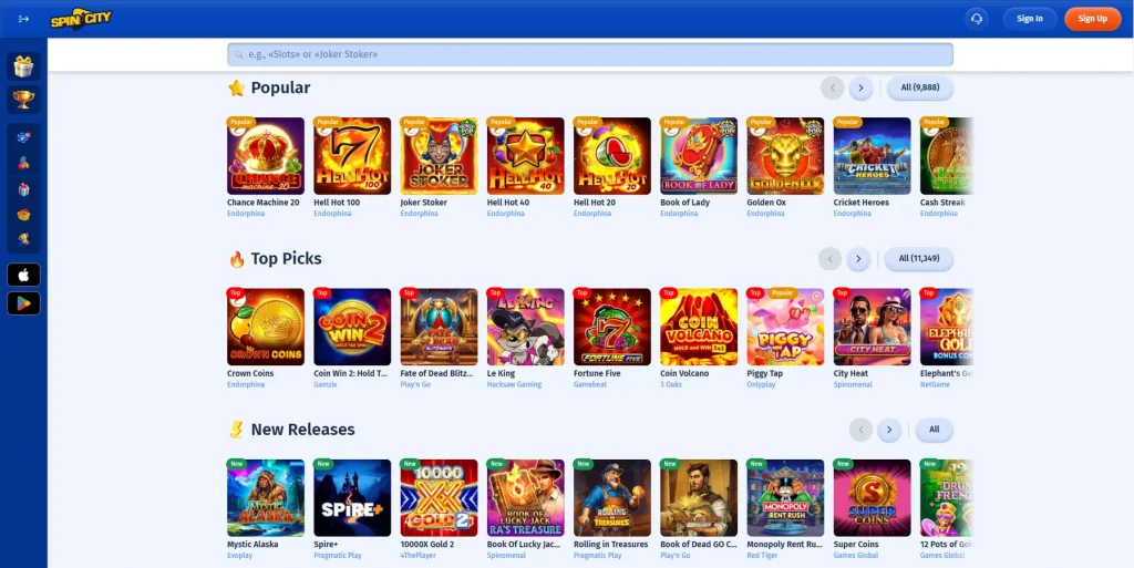 Slot Machines at Spin City Casino