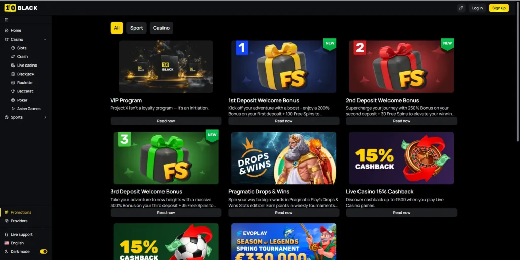 Promociones y Bonos en 10 Black Casino