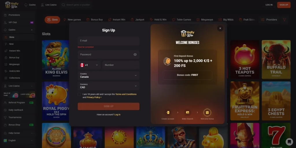 Cómo registrarse en HollyWin Casino