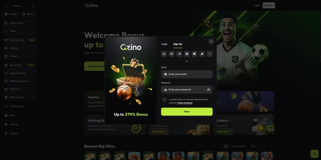 Registrierung bei Qzino Casino