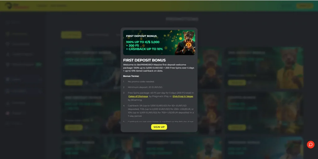 First Deposit Bonus at BetPrimeiro Casino