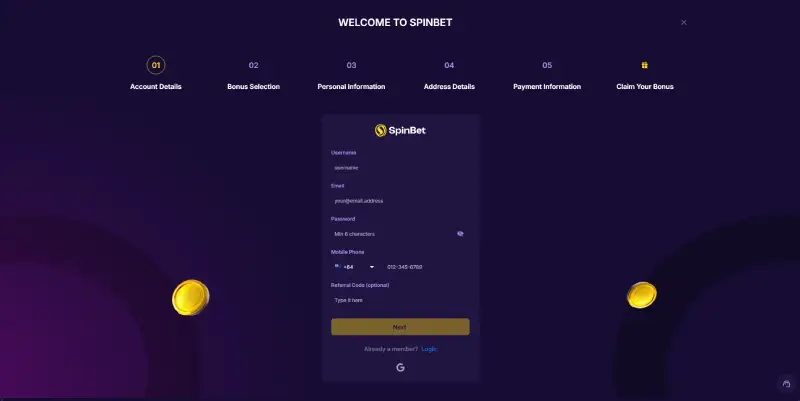 Registro no Spinbet Casino