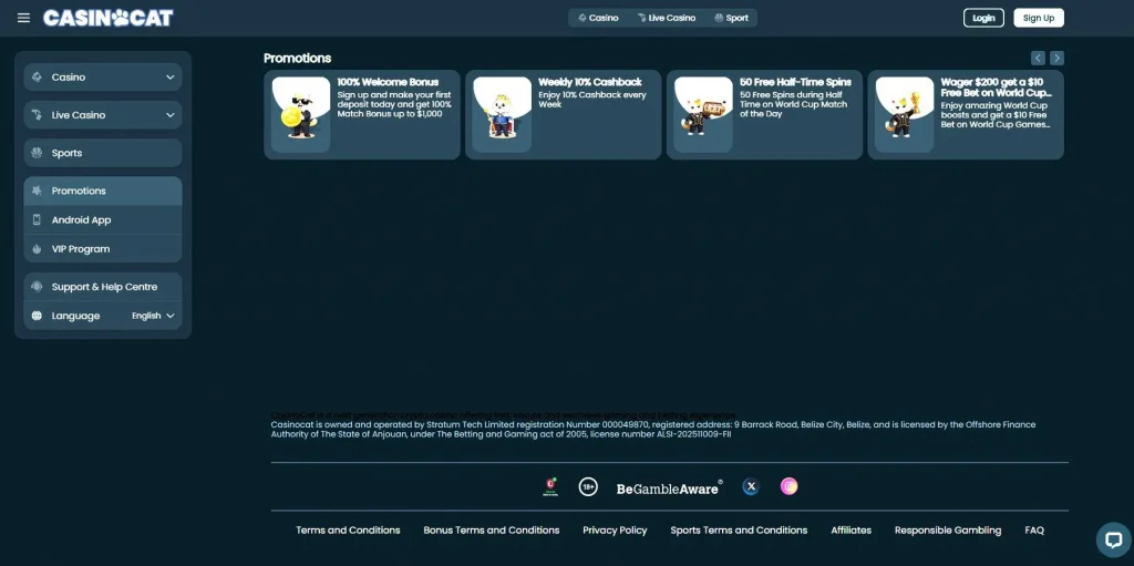Bônus e Promoções do Casinocat Casino