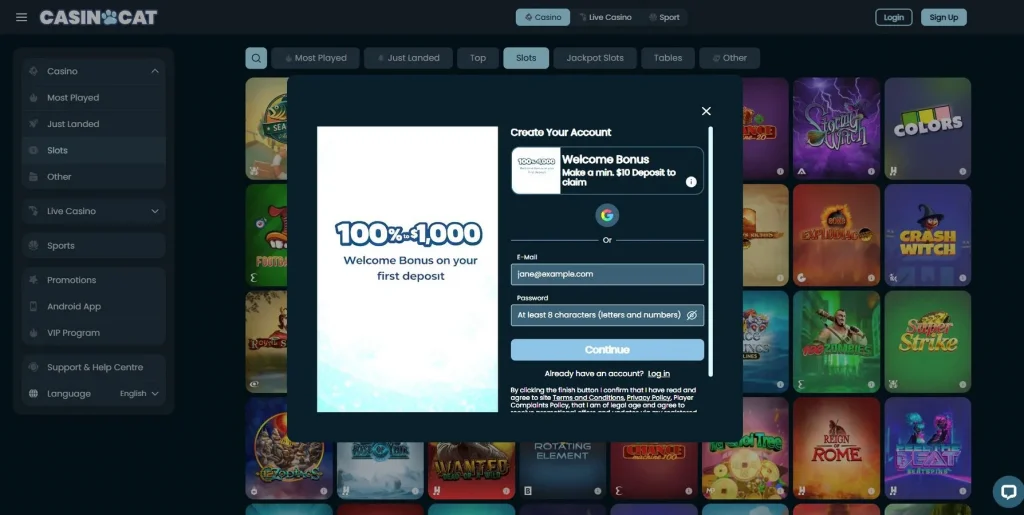 Como se cadastrar no Casinocat Casino