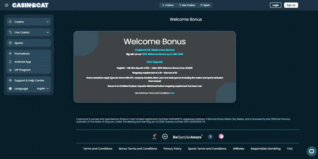 Bônus de Boas-Vindas do Casinocat Casino