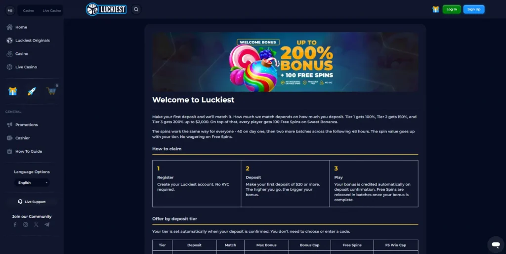 Luckiest Casino Welcome Bonus