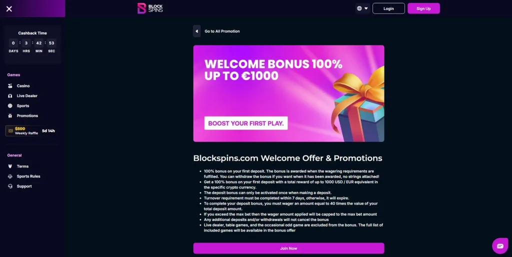 Blockspins Welcome Bonus Terms